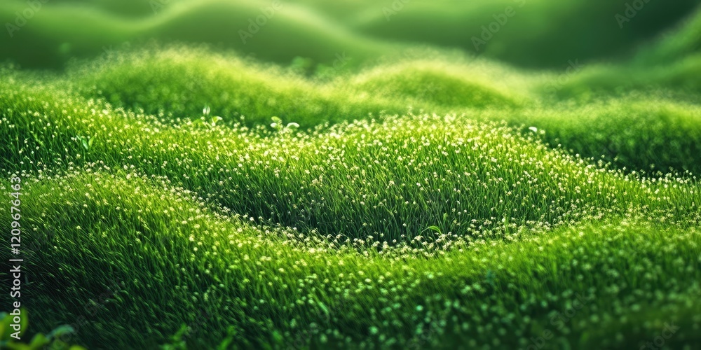 Poster lush green grass with dew droplets creating a soft wave pattern in a vibrant, textured landscape und