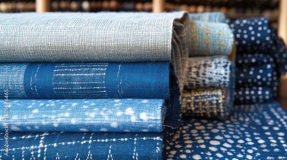 Poster textured blue fabrics stack featuring various patterns and shades for crafting and home decor projec