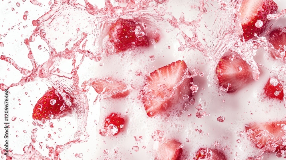 Poster strawberry slices creating dynamic splashes in fresh milk on a white background for food and beverag