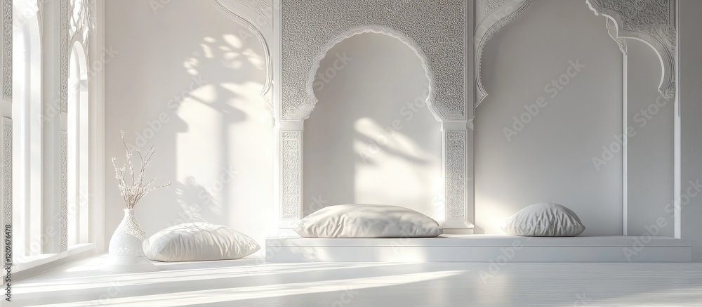 Poster tranquil white minimalist interior with soft textures, ethereal light, and inviting empty space for 