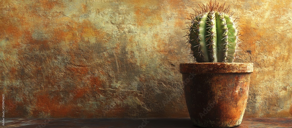 Poster Rustic brown pot with small cactus against textured background featuring ample copy space for versatile design applications