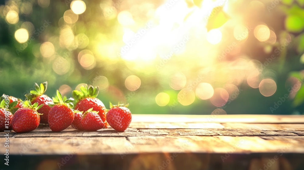 Poster fresh strawberries on rustic wooden table with bokeh effect and bright sunny spring landscape in the