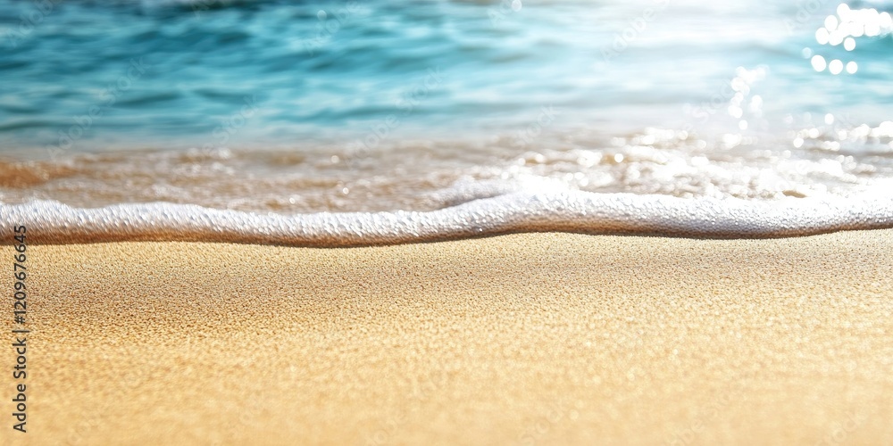 Aufkleber golden sandy beach with gentle waves lapping at the shore turquoise water and sunlight creating shim