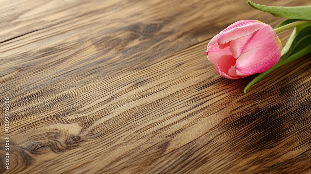 Poster single pink tulip with leaves resting on rustic wooden surface providing ample copy space for text o