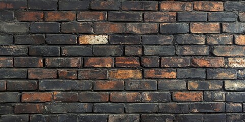 Obraz premium Vintage brick wall texture featuring weathered dark red and black bricks with a rugged appearance, providing ample copy space for design.