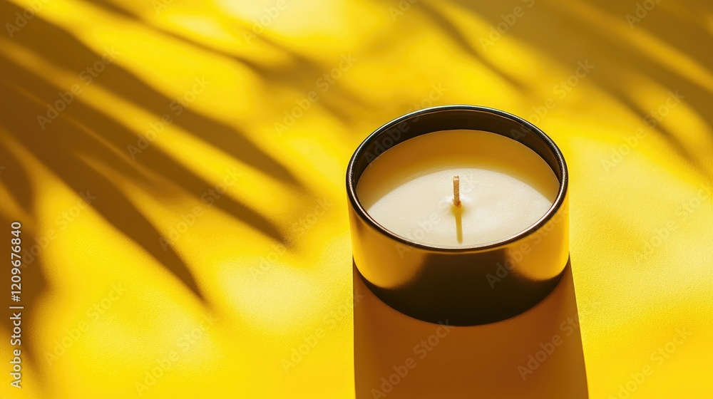 Aufkleber Scented candle casting shadows on bright yellow background creating a warm and inviting atmosphere for relaxation and ambiance