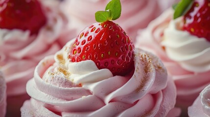 Strawberry Meringue Dessert with Fresh Berries and Creamy Swirls Close Up for Bakery Display and Pastry Showcase