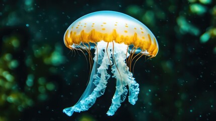 Luminous white and orange jellyfish gracefully floating in dark green water showcasing the beauty of underwater marine life