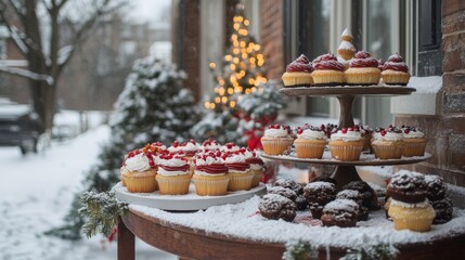 Festive Winter Cupcakes On Snowy Outdoor Table
