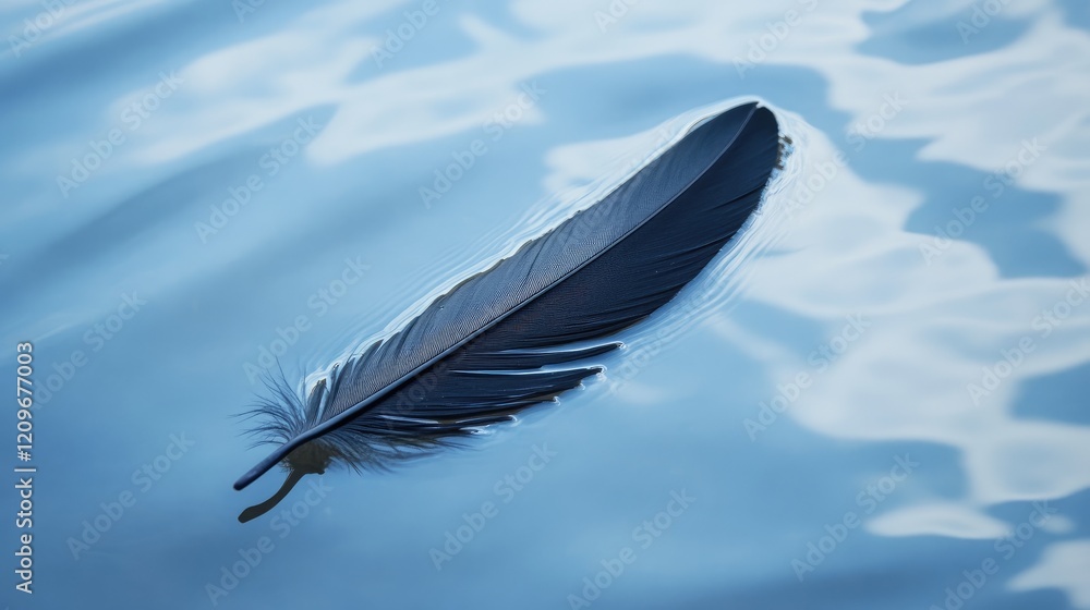 Poster black feather gently floating on serene blue water surface reflecting soft light and creating a tran