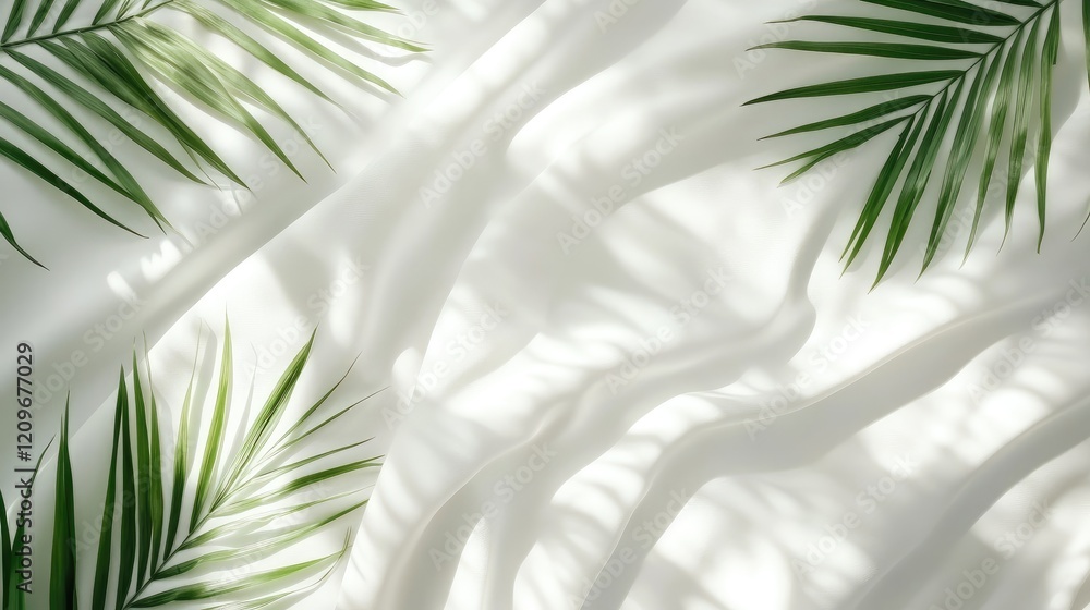 Poster soft cozy white bedding with palm leaves and natural light from bright stylish window ideal for tran