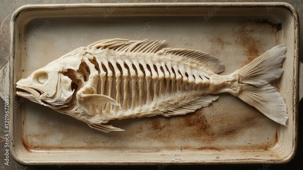 Aufkleber skeleton of snapper fish showcased in a rustic baking pan on distressed surface for culinary or arti