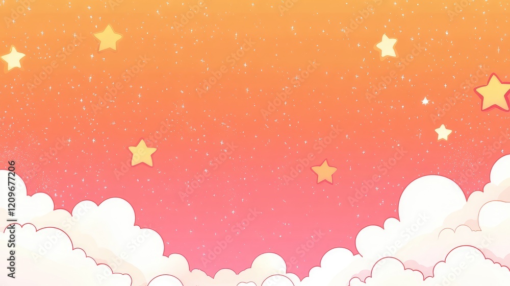 Poster colorful sky background with soft clouds and twinkling stars in warm orange and pink gradient for dr
