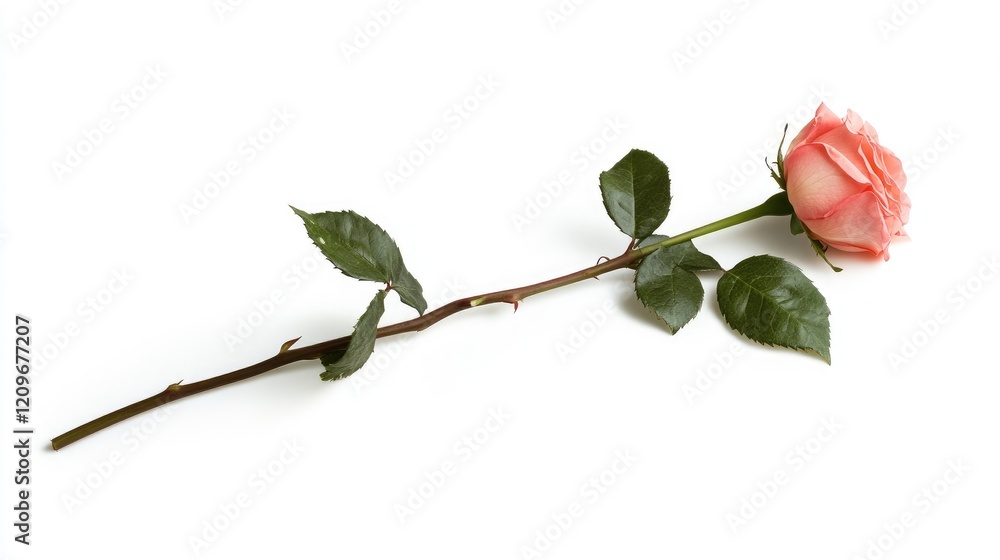 Poster elegant single pink rose on a slender stem with green leaves isolated against a pristine white backg