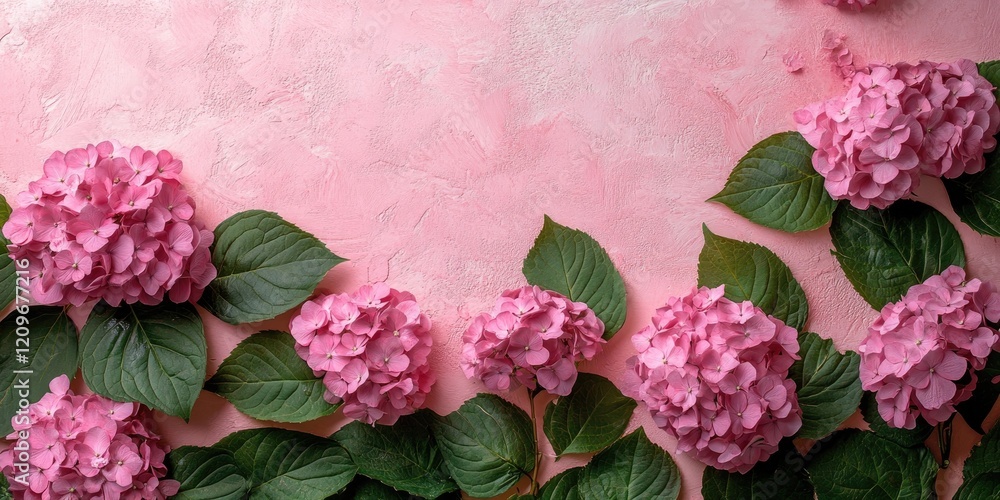Poster pink hydrangeas with green leaves arranged on a soft rose-colored background from above creating a t