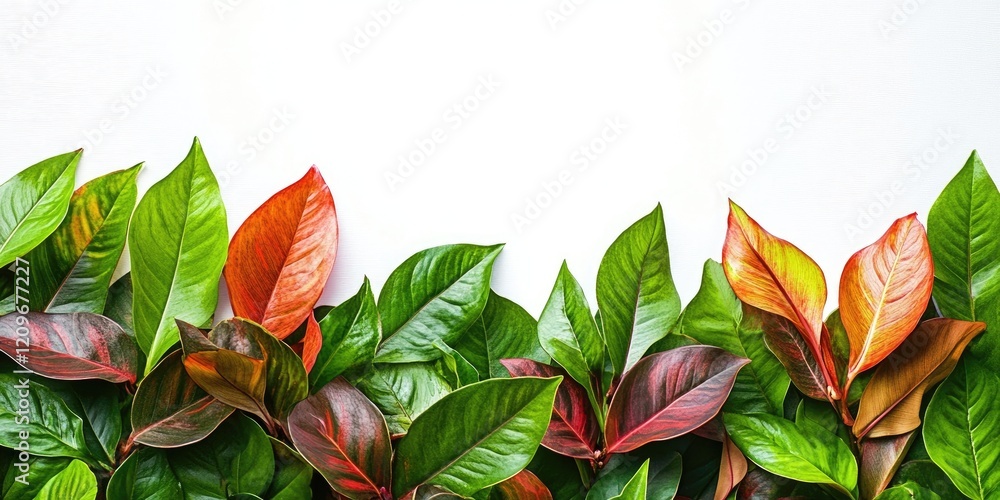 Poster vibrant green and red leaves arranged at the bottom of a clean white background creating ample copy 