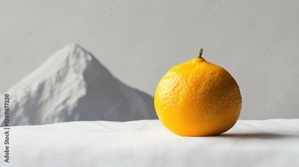 Aufkleber Single yellow clementine fruit on a minimalist backdrop with soft shadows and textured mountain in the background