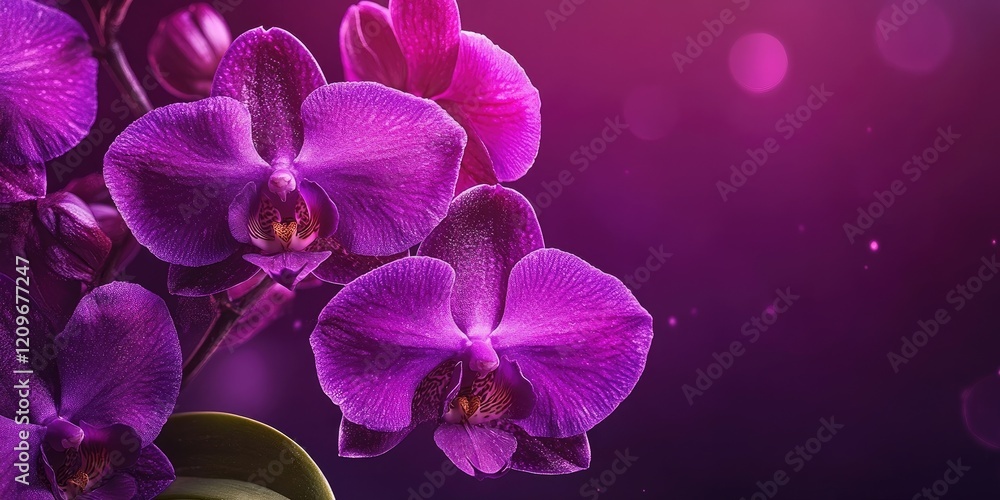 Poster vibrant purple orchid blossoms on the left with a blurred purple gradient background creating a soft