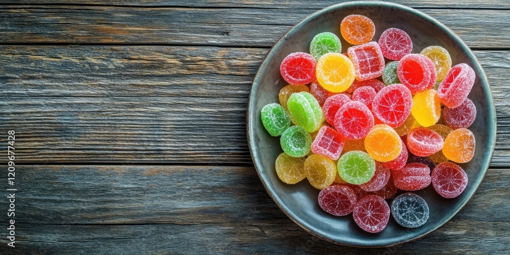 Poster colorful assortment of sugary candies in a round dark plate placed centrally on a rustic wooden tabl