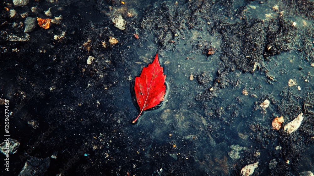 Aufkleber red autumn leaf floating on murky water representing solitude, decay, and the passage of time in a n