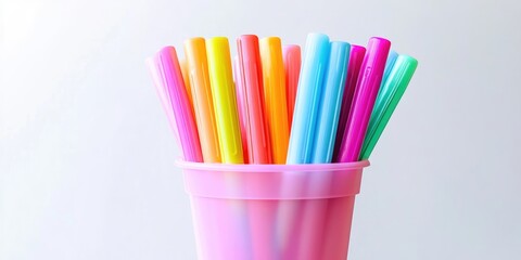 Pastel highlighter markers in vibrant colors arranged vertically in a pink plastic cup against a clean white background.