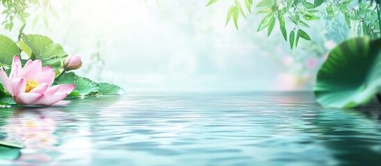 Tranquil Summer Water Surface with Lily Pads and Blossoms in Soft Pastel Tones, Ideal for Text Overlay, Located in a Serene Natural Setting