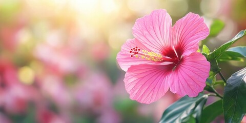Fototapeta premium Close up of vibrant pink Hibiscus flower with detailed petals against a soft green and blurred natural backdrop emphasizing floral beauty and serenity
