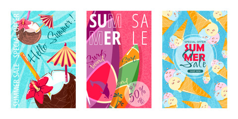 Naklejka premium Poster layout for summer sales. A set of three templates with a bright design. Surfboards, cone ice cream, coconut cocktail.