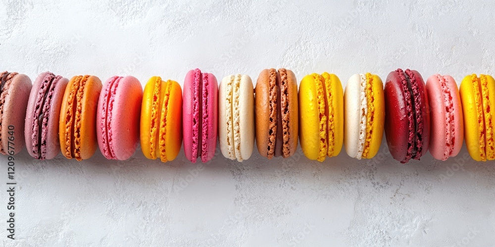Poster colorful macarons in a horizontal line on a light gray textured background with ample copy space fes