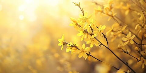 Obraz premium Vibrant yellow forsythia blossoms showcase a soft focus against a warm golden backdrop, capturing the essence of spring tranquility.