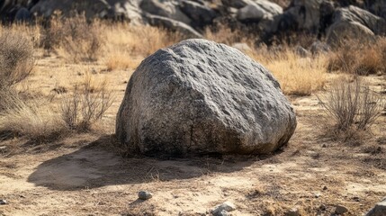 Isolated boulder on arid terrain surrounded by sparse vegetation highlighting natural landscape textures and colors