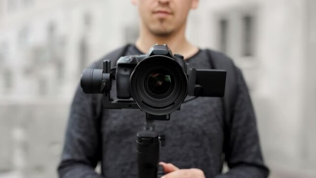 videography, filmmaking and creativity concept - videographer shooting video using modern dslr camera on 3-axis gimbal 