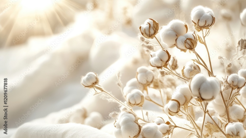 Poster soft organic cotton plant blooms on a delicate fabric background with warm sunlight creating an invi