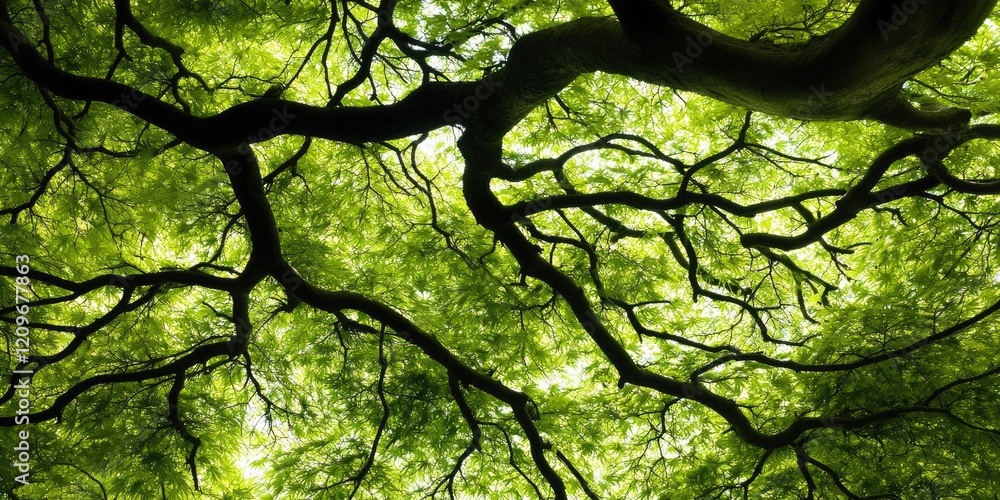 Poster lush green japanese maple tree canopy with intricate dark branches creating a vibrant natural patter