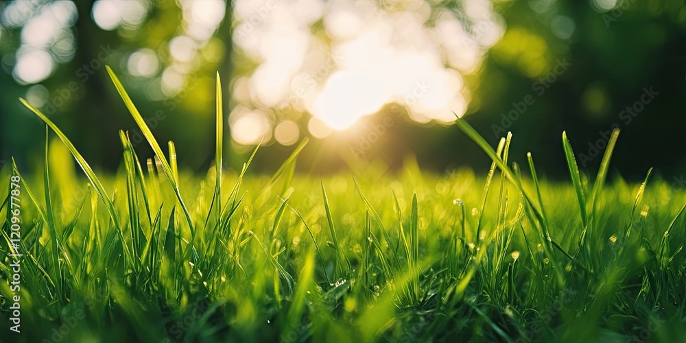 Poster lush green grass in a sunlit spring setting with soft sunlight filtering through trees in the backgr