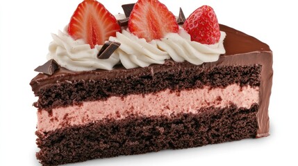 Strawberry Cream Layered Chocolate Cake Slice with Fresh Strawberries and Whipped Topping on a White Background