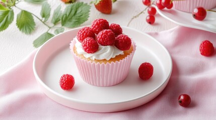 Delicious strawberry cupcake topped with fresh raspberries and red berries on a white plate against a soft pink backdrop