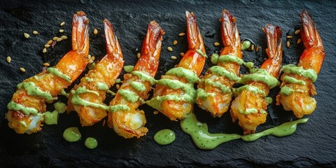 Fried shrimp with crispy coating and vibrant wasabi sauce drizzled artistically over dark stone tabletop viewed from above.