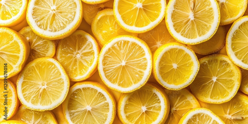 Poster vibrant lemon slices in a flat lay arrangement create a bright yellow patterned background with ampl