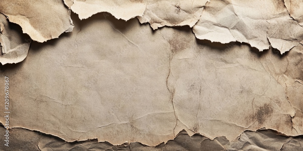 Poster torn vintage paper texture with creases and wrinkles in shades of brown and beige creating a central