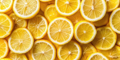 Vibrant lemon slices in a flat lay arrangement create a bright yellow patterned background with ample negative space for text placement.