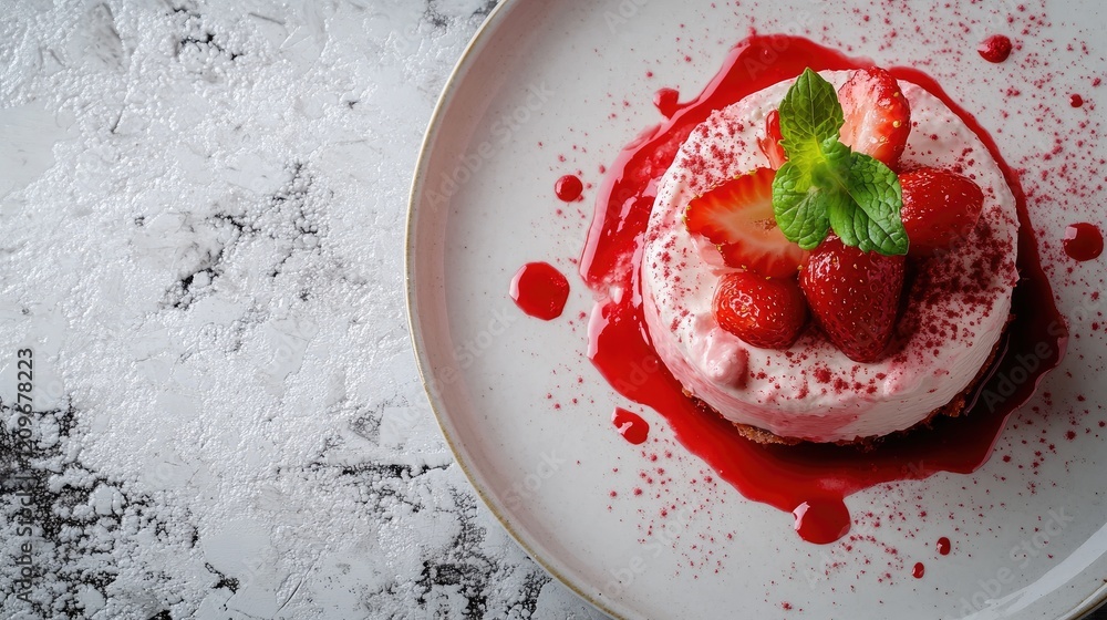 Poster strawberry cake with mint garnish surrounded by berry sauce captured from top view on minimalistic t