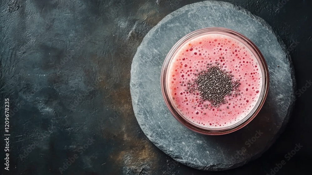 Poster strawberry banana smoothie topped with chia seeds in a glass jar on a gray stone board with a dark b