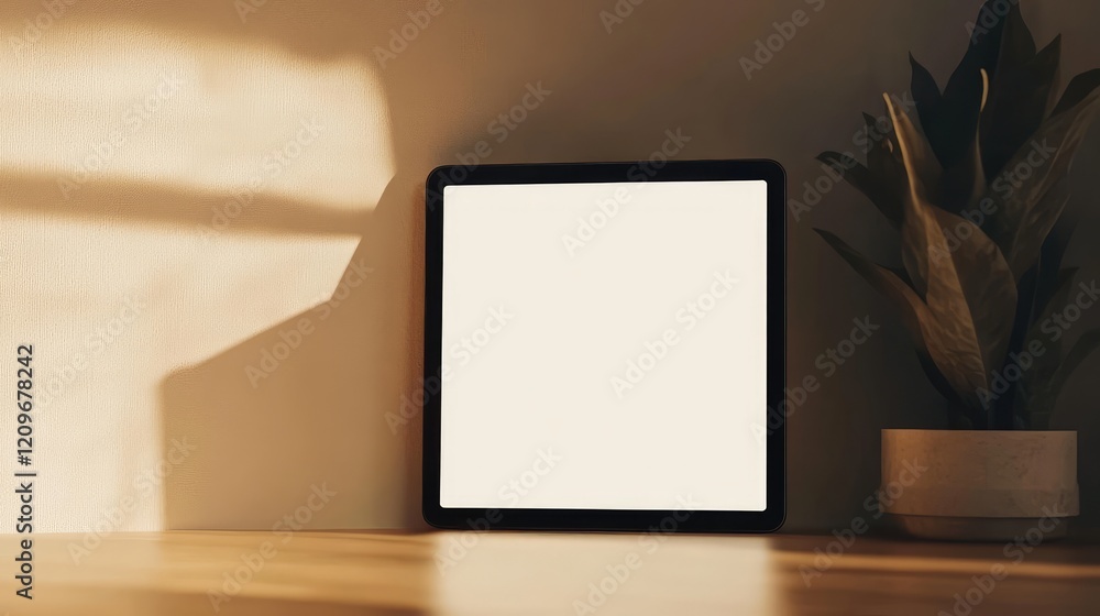 Poster minimalist mockup of a black tablet with empty screen positioned beside a potted plant in soft natur