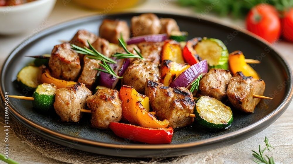 Poster delicious grilled pork skewers with colorful vegetables on rustic plate