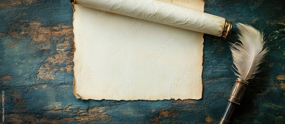 Poster classic vintage workspace featuring a scroll and feather quill on dark wooden background with ample 