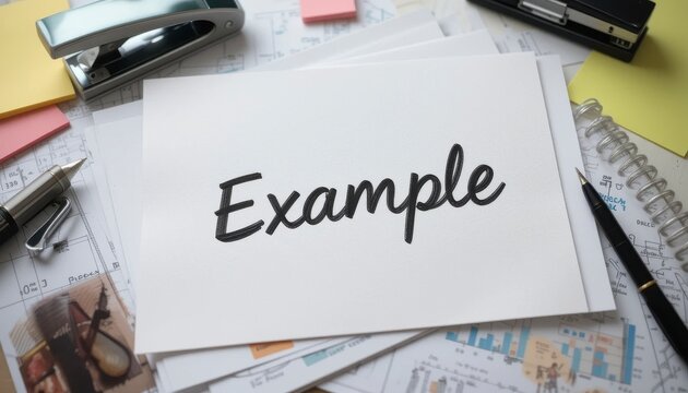 A word example on a paper with pen and stapler.