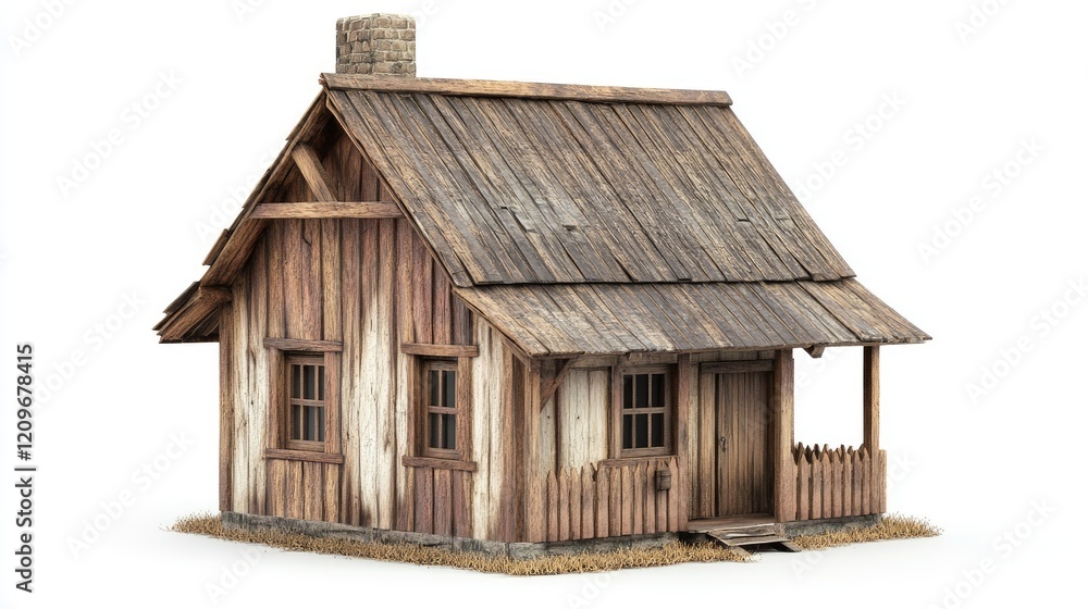 Poster rustic wooden house model with detailed textures set against a white background showcasing tradition