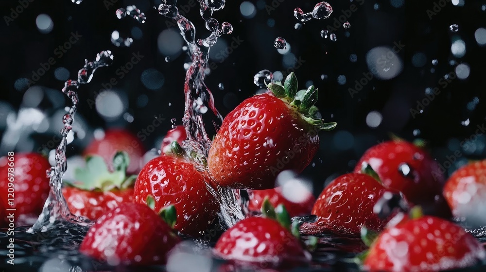 Poster strawberries splashing in water creating dynamic ripples against a sleek black backdrop for vibrant 