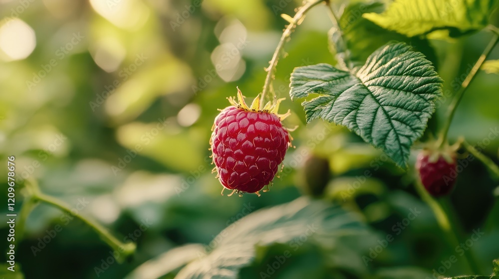 Poster ripe red raspberry on a vine surrounded by lush green leaves in a natural setting showcasing fresh f